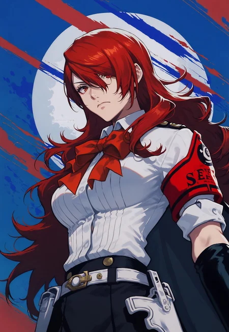 score_9, score_8_up, score_7_up, score_6_up, 1girl, p3mitsuru-sees, kirijou mitsuru, long hair, red hair, hair over one eye, gekkoukan high school uniform, red bow, white shirt, armband, holster, belt, white belt, cape, gloves, elbow gloves, black gloves, black skirt, closed mouth, intricate background, looking at viewer, standing, colorful background, red and black paint splatters, side view, below view, dark lighting,