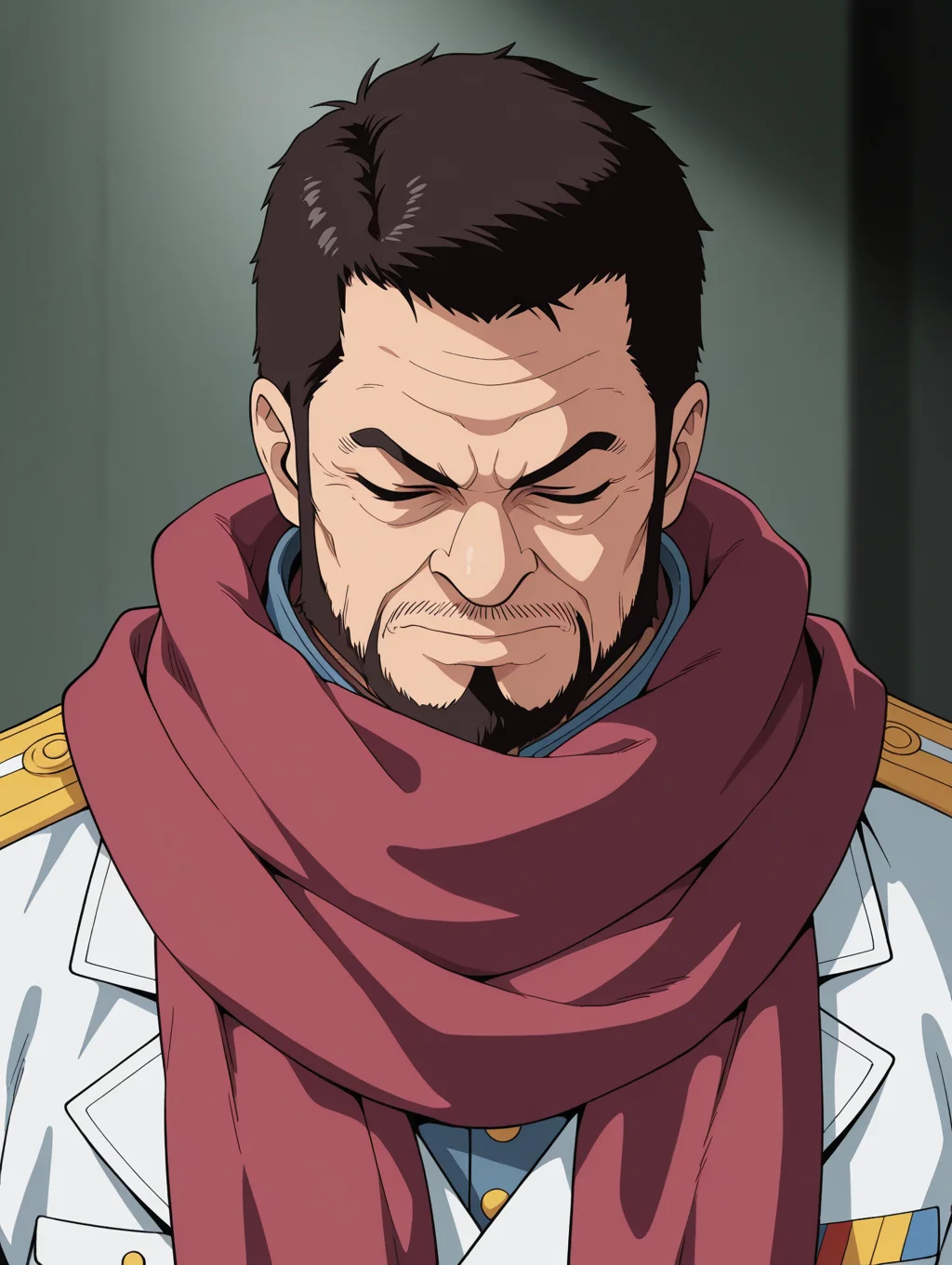 masterpiece, best quality, amazing quality, 1 boy, male focus, solo, Issho, upper body, uniform, facial hair, short hair, parody, beard, scarf, military, closed eyes