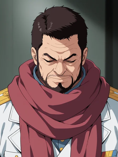 masterpiece, best quality, amazing quality, 1 boy, male focus, solo, Issho, upper body, uniform, facial hair, short hair, parody, beard, scarf, military, closed eyes