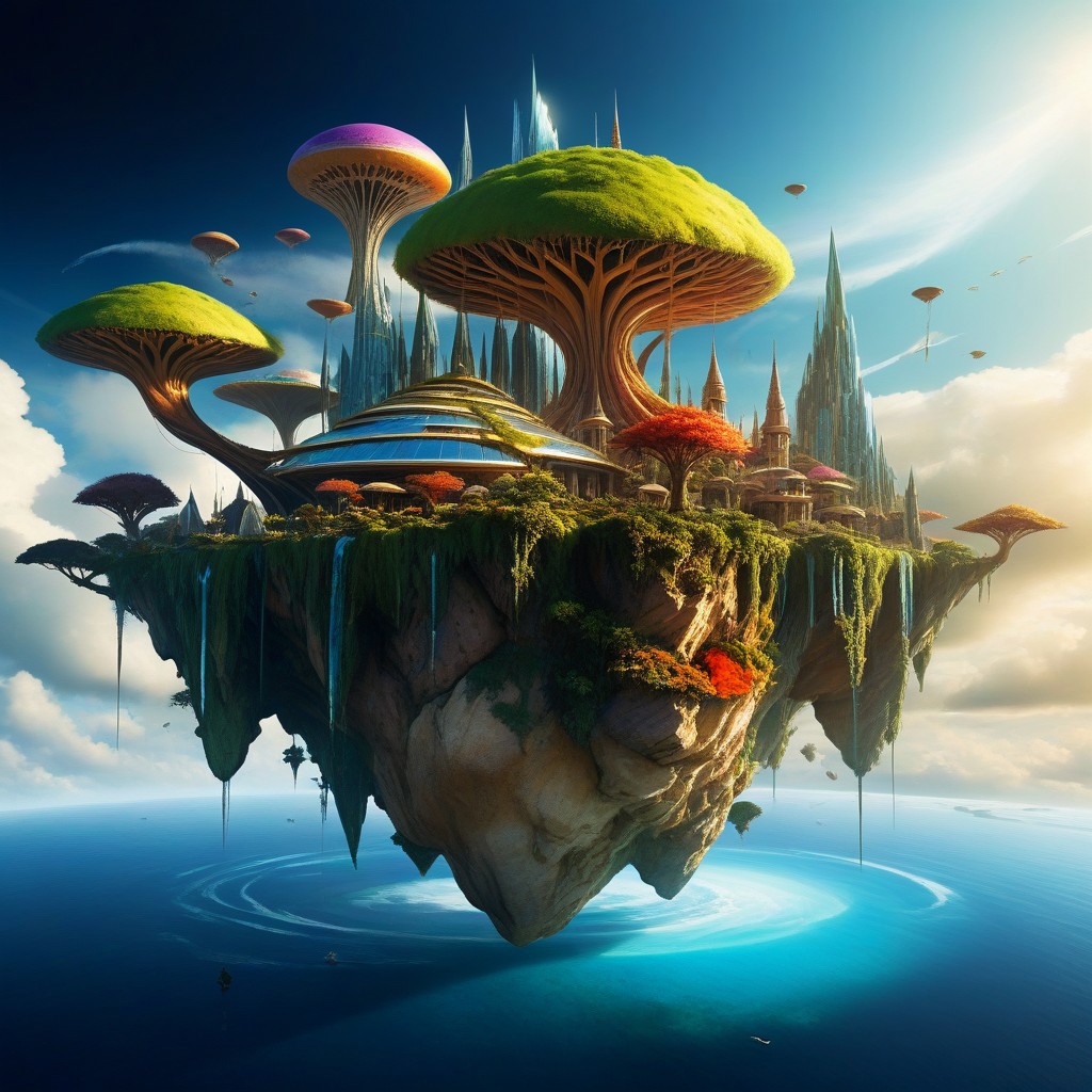 Create a hyper-realistic, high-resolution image of an imaginative and surreal world. Combine elements of fantasy and reality using cutting-edge photorealistic techniques. Imagine a landscape where elements like floating islands, futuristic architecture, and mythical creatures coexist. The scene should have a dynamic interaction between light and shadow, with vibrant colors and textures that feel tactile. The image should evoke a sense of wonder and awe, pushing the boundaries of creativity.