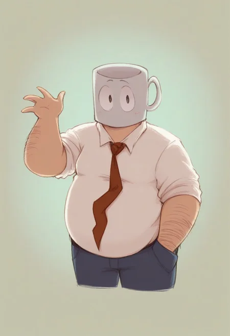 score_9, score_8_up, score_7_up, masterpiece, best quality, lots of details, close-up, solo, male focus, bara, solo, backlight, cartoon style, 2d, detailed background, perfect hands, high quality, perfect anatomy, masterpiece, Joe Cuppa, mouthless, object head, mug head, steam coming out from head, red necktie, hairy arms, fat chubby body, obese, large belly, fully clothed, white t-shirt, shirt, blue trousers, cartoon eyes, ray tracing, BREAK, male, looking at viewer, one hand in pocket, one hand waving