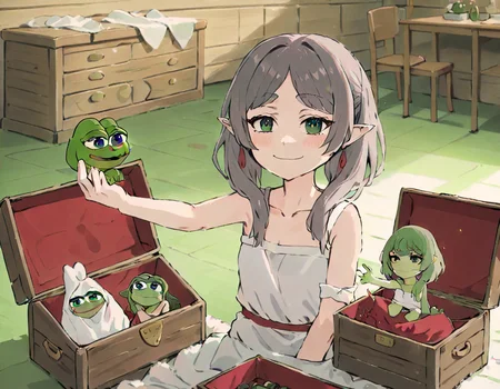 masterpiece,solo,anime-style,a  woman  holding a pepe in her one hand,<lora:frieren_meme-000014:0.85>,room,squinting eyes,treasure chest <lora:DD-pepe-v2:0.65>
