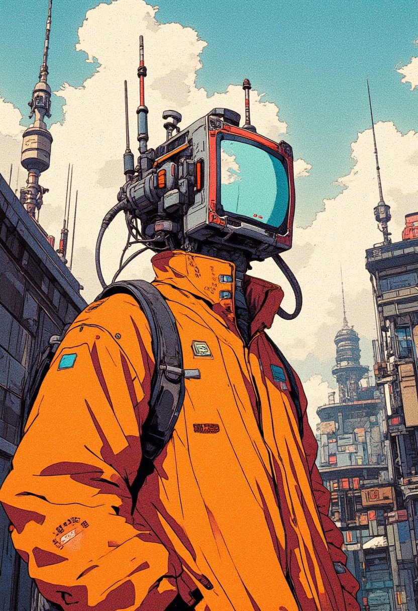 (((futuristic vibe)))
(front side view )The figure of a man with a ((small retro futuristic TV, (with two antennas on the sides))) instead of a head, dressed in a bright orange jacket and with a black backpack, stands against the background of the cityscape. Behind you can see old buildings with antennas, and the sky is decorated with white clouds, creating an atmosphere of a combination of retro and futurism