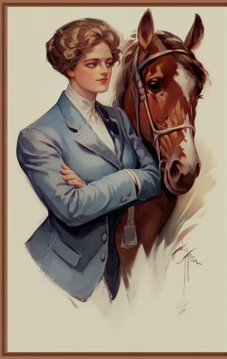 <lora:harrison-fisher_pony_v2:1> 'untitled' by fisher harrison in 1234, , kitsch \(genre\),design \(genre\),a portrait of a woman in a blue blazer standing next to a brown horse, score_9, score_6_up, score_7_up