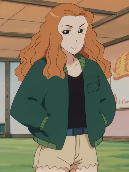 score_9,score_8_up,score_7_up,score_6_up,score_5_up,score_4_up,source_anime,uncensored,anime screencap,1girl,medium breasts,glistening body,shiny_skin,dewy skin,BREAK
<lora:yone_v1:1> yonetamat, orange hair, black eyes,wavy hair, jacket, green jacket, long sleeves, black shirt,shorts,smile,standing, looking at viewer, hand in pocket,colored sclera