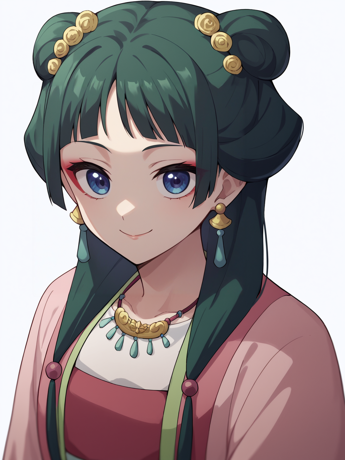 score_9, score_8_up, score_7_up, score_6_up, score_5_up, score_4_up, BREAK, source_anime,
1girl, maohanfu, green hair, bangs, long hair, blue eyes, hair ornament, makeup, chinese clothes, pink dress, earrings,  hanfu, wide long sleeves, necklace,
smile, upper body, looking at viewer, solo, simple background, white background
<lora:MaoMaoXL:1>