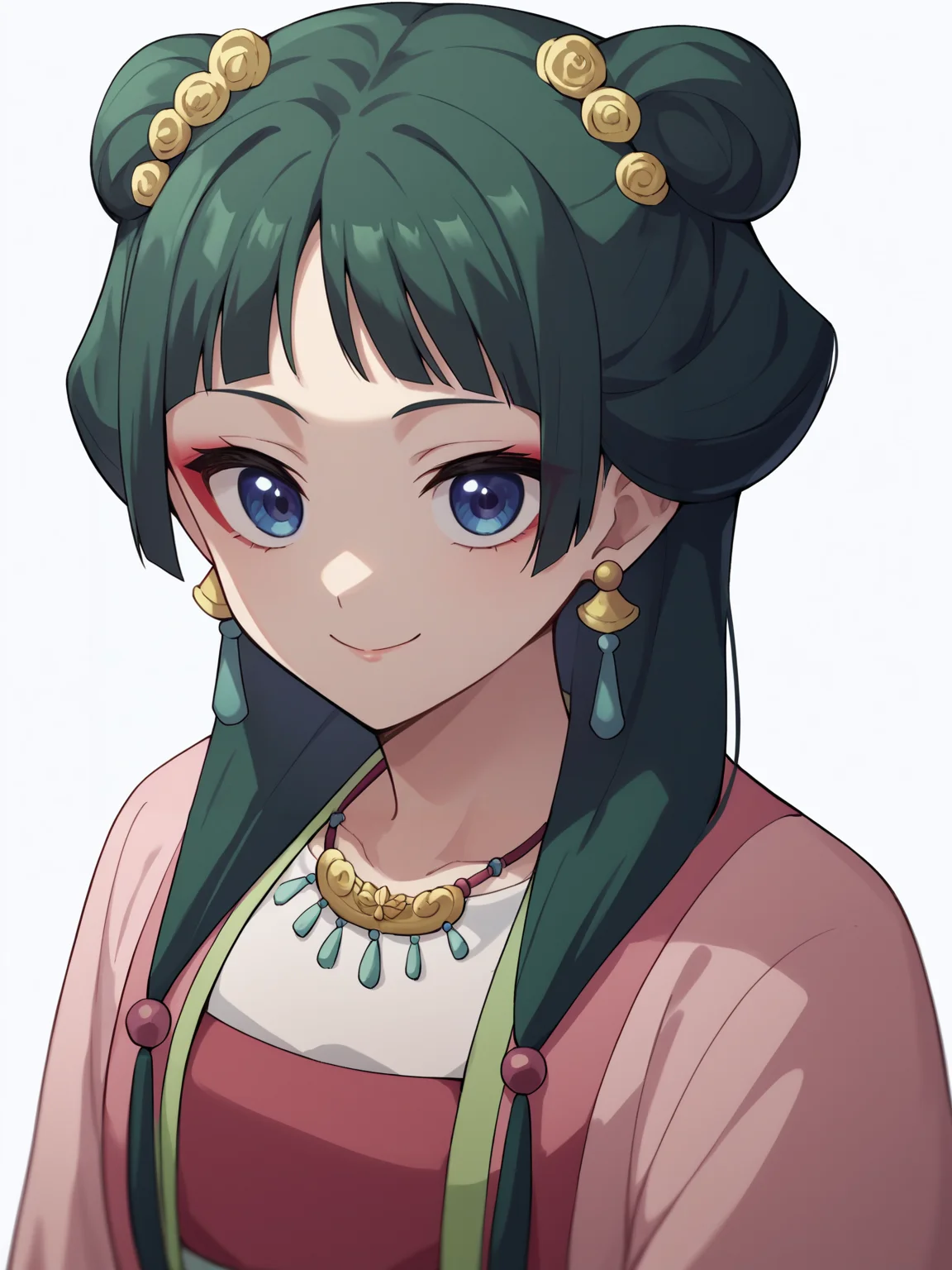 score_9, score_8_up, score_7_up, score_6_up, score_5_up, score_4_up, BREAK, source_anime,
1girl, maohanfu, green hair, bangs, long hair, blue eyes, hair ornament, makeup, chinese clothes, pink dress, earrings,  hanfu, wide long sleeves, necklace,
smile, upper body, looking at viewer, solo, simple background, white background
<lora:MaoMaoXL:1>