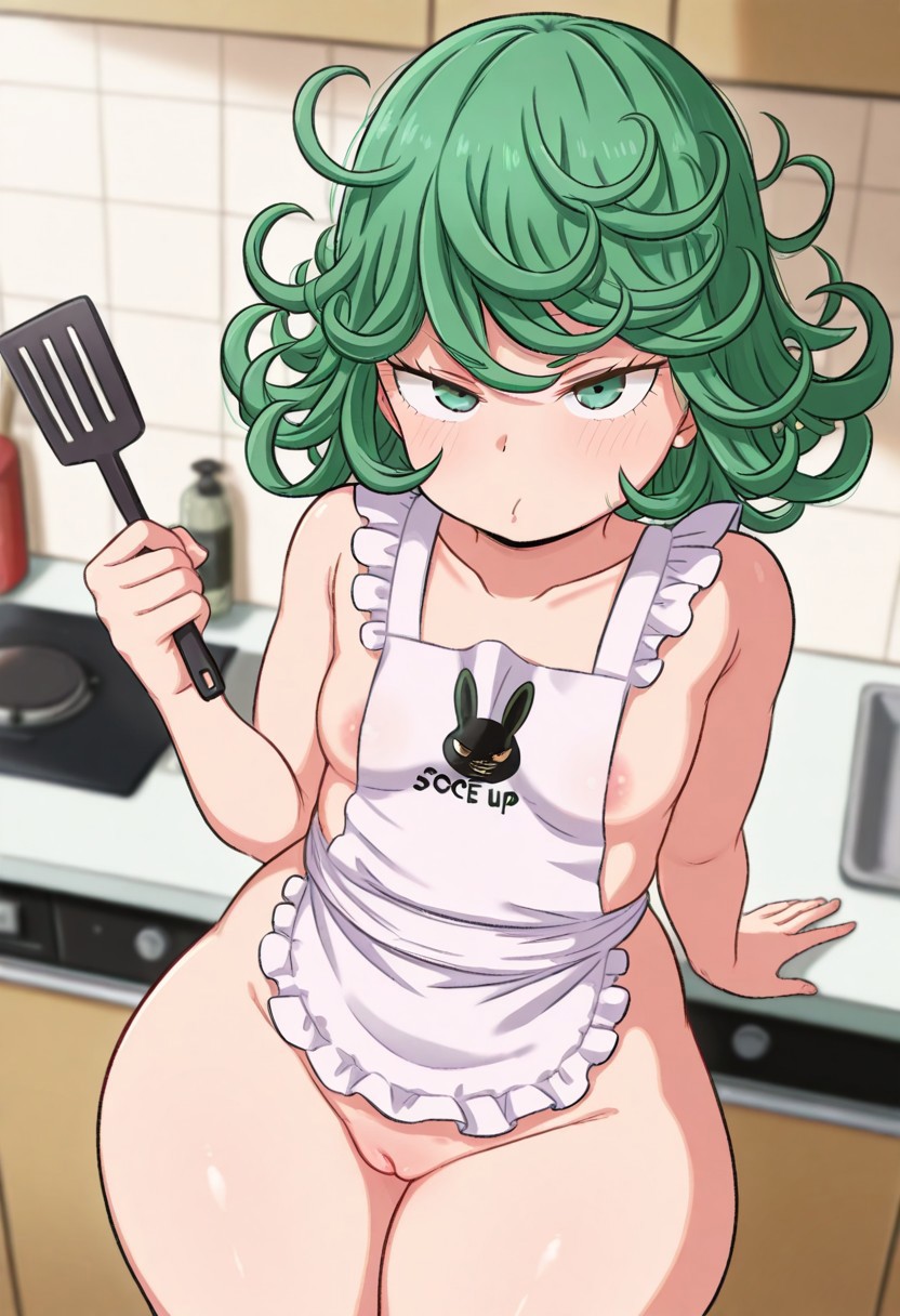 score_9, score_8_up, score_7_up, Above Pov, Solo, Tatsumaki from One Punch Man holding a spatula in one hand, looking up at viewer, pouty, blush, undersized-apron, naked apron, tiny breasts, areola, plump pussy, pussy peek, wide hips, thick thighs, short, Kitchen Setting