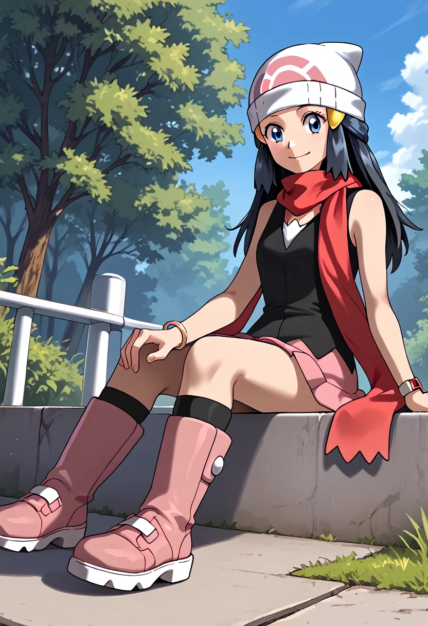 Sitting with hands holding onto an invisible rail, smile, outdoors, 1girl, <lora:DawnPony:1> Dawn_PD, long hair, black hair, blue eyes, hair ornament, beanie, white headwear, red scarf, sleeveless shirt, black shirt, bracelet, pink skirt, boots, pink footwear,