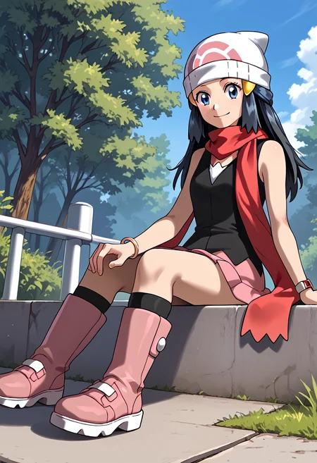 Sitting with hands holding onto an invisible rail,  smile,  outdoors, 1girl, <lora:DawnPony:1> Dawn_PD, long hair, black hair, blue eyes, hair ornament, beanie, white headwear, red scarf, sleeveless shirt, black shirt, bracelet, pink skirt, boots, pink footwear,