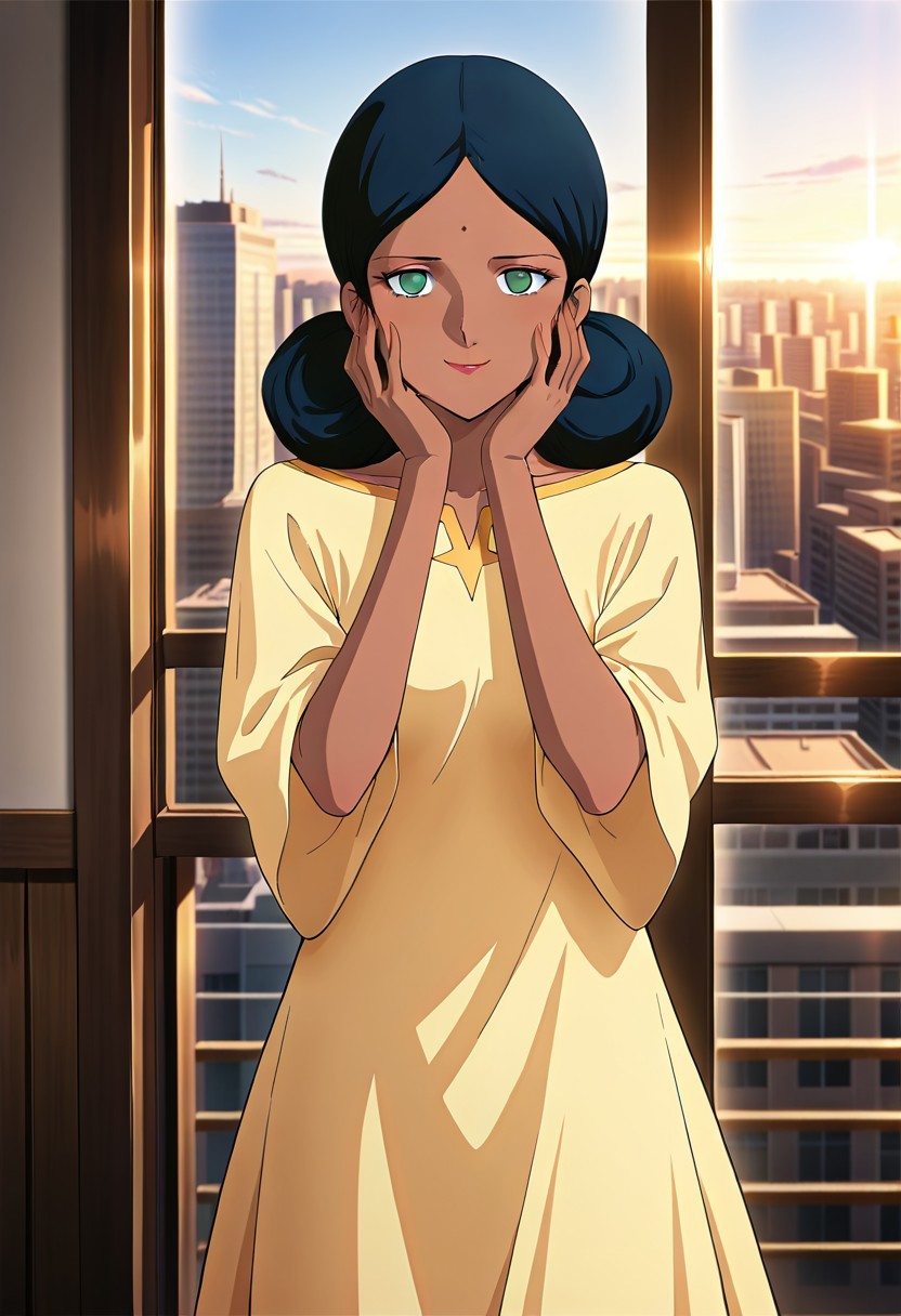 ((masterpiece, absurdres)), best quality, amazing quality, newest, 4k, anime coloring, very aesthetic, ray tracing, Smooth Quality, CG, source_anime,
city view,lalah, 1 female, dark skin, double bun hairstyle, blue hair, green eyes, red lips, forehead mark, yellow long dress,smile,hand on own face
