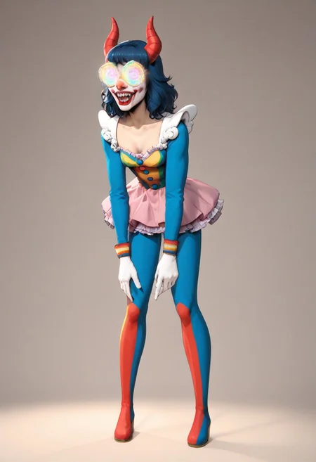 score_9, score_8_up, score_7_up, score_6_up, 
leaning_forward, hypn0t_3y3s,
1girl, clown girl, 
roundglassesb, big round glasses, 
slim, slender, long legs, 
clown suit, frilly skirt,
wings, fangs, horns, sharp teeth,