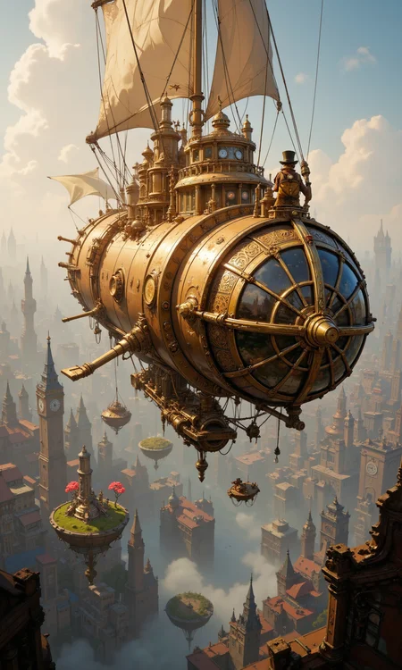 Colossal steampunk airship, ornate brass and copper detailing, sails billowing, hovers majestically above a sprawling Victorian-era cityscape. Intricate gears and pistons visible through translucent panels. Propellers whir, emitting wisps of steam. Crew members in elaborate goggles and top hats tend to gleaming machinery on the deck. Zeppelin-like envelope adorned with elaborate filigree patterns. City below shrouded in mist, clocktowers and chimneys pierce the fog. Golden sunlight glints off polished surfaces. Floating islands with hanging gardens drift nearby. Smaller vessels buzz around like mechanical insects. Hyper-detailed, 8K resolution, photorealistic rendering, atmospheric lighting, cinematic composition <lora:Anime realistic V2:0.7> <lora:Anime v1.3:0.7> <lora:flux_dev:1>