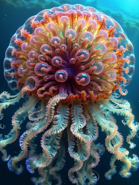 olaris, sentient ocean, giant translucent fractal tree jellyfish with many palps grow from foamed ocean, huge entwined knotted multicolored tentacles and pedipalps, many internal colorful cells and seals, brain organs intestines inside, shiny wet oiled fiber colorful surface, hyper detailed, artstation, eyes, super mind,
<lora:fractal-art.v1:1>