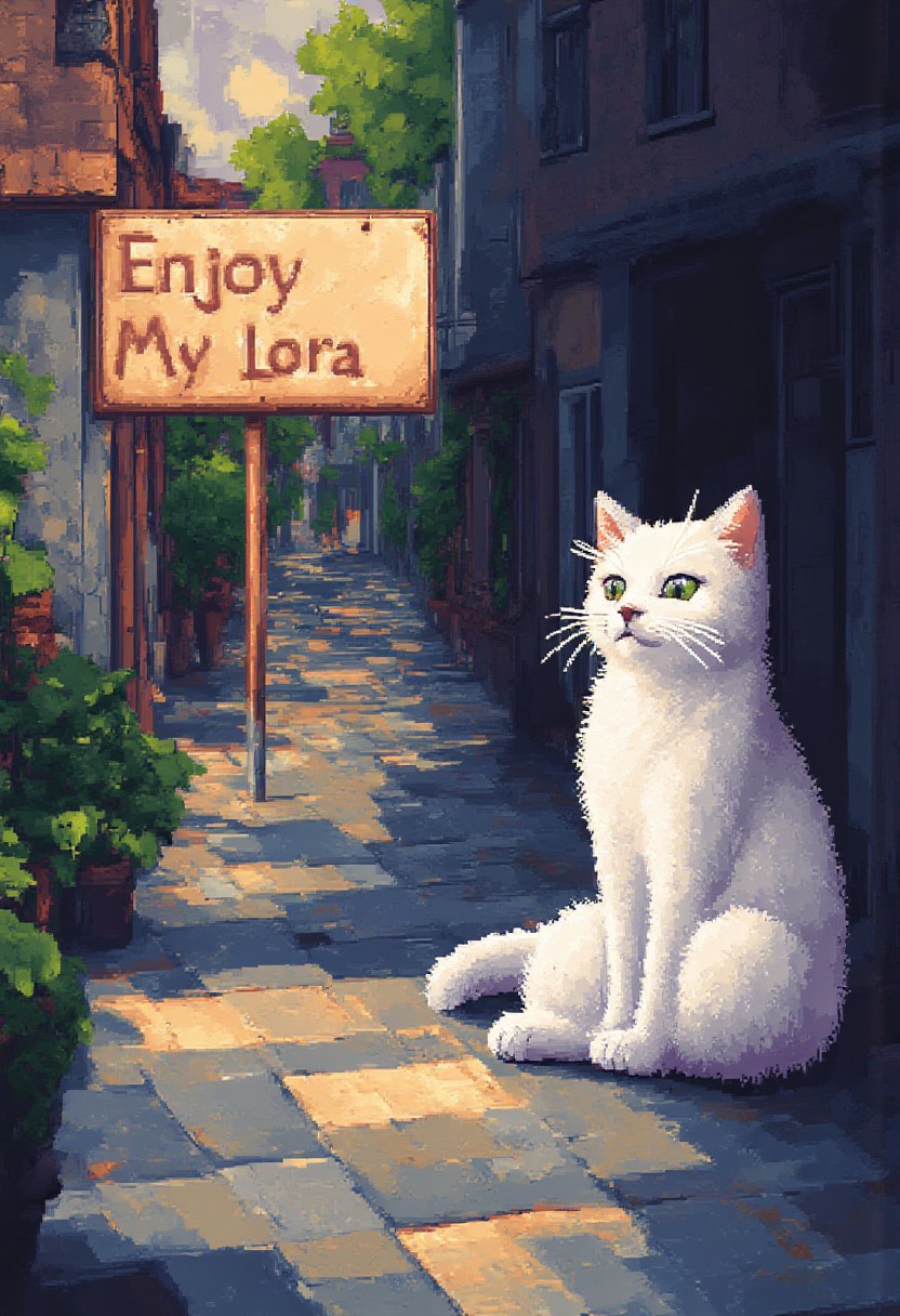 Pixelart of a kitty next to a sign saying "Enjoy My Lora"