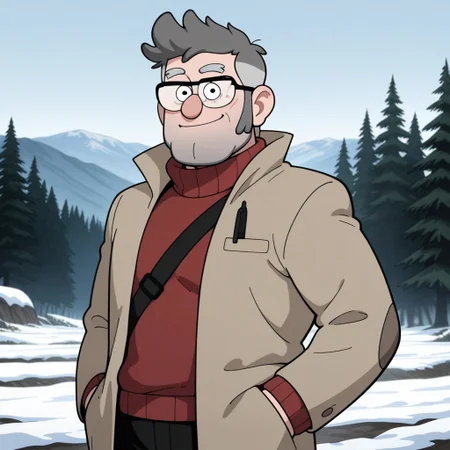 Ford-P, 1boy, male, mature male, older male, medium build, black eyes, grey hair, grey hair, two-toned hair, grey eyebrows, facial hair, long sideburns, Red turtleneck sweater, light brown coat, black pants, solo, hands in pockets, (looking at viewer), light smile, masterpiece,best quality,amazing quality,score_9, score_8_up, score_7_up,source_anime,BREAK,