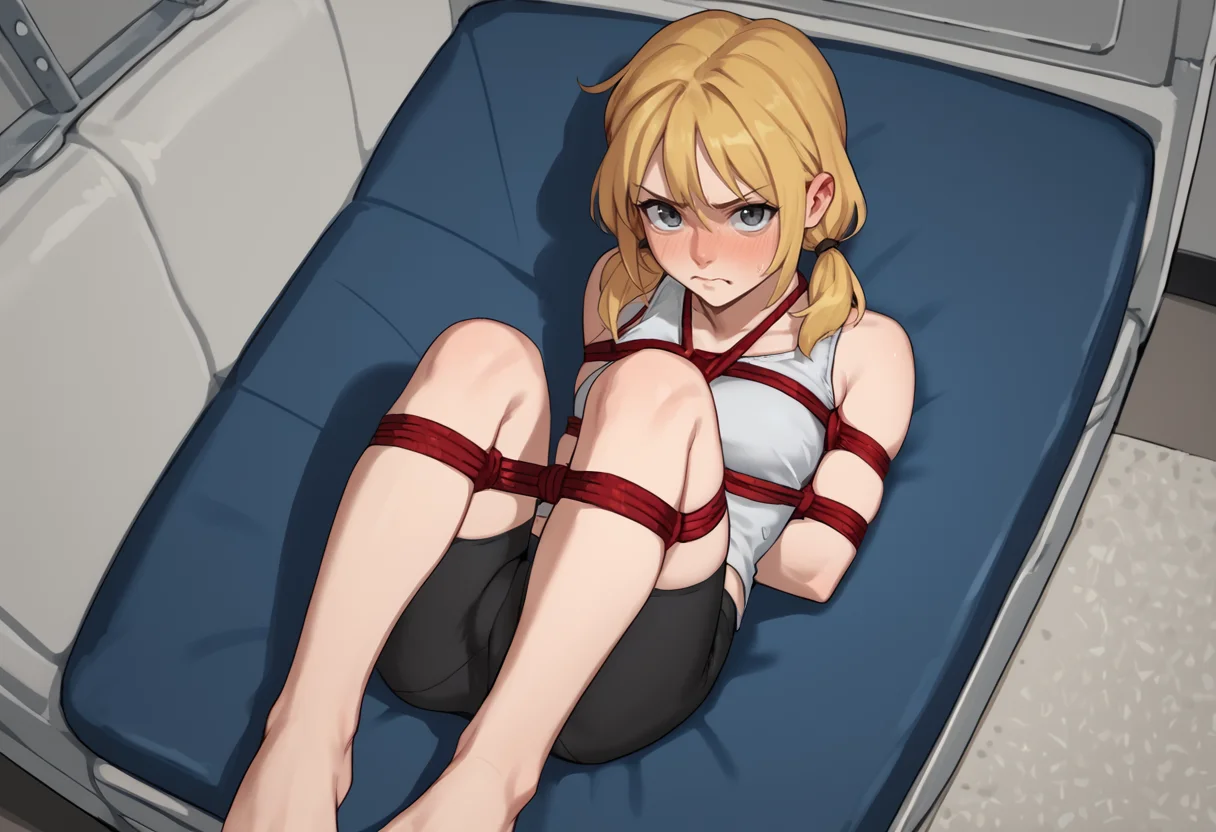score_9, score_8_up, score_7_up, score_6_up, score_5_up, score_4_up, source_anime, BREAK 1girl, solo, on back, folded, shibari over clothes, bondage, restrained, tank top, bike shorts, indoors, blonde hair, grey eyes, low twintails, medium hair, indoors, looking at viewer, embarrassed, pout, <lora:hong_doo:1>