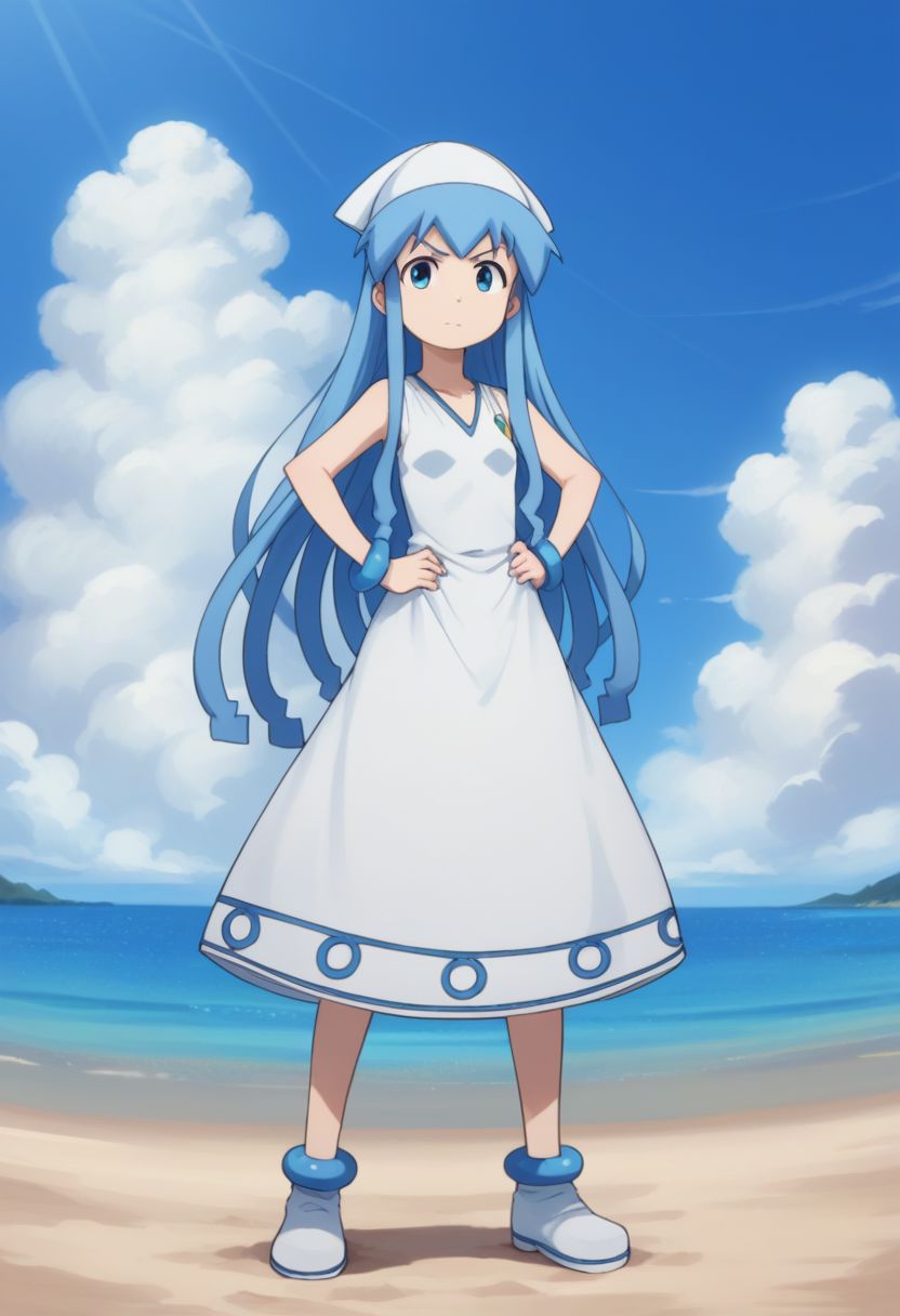 score_9, score_8_up, score_7_up, source_anime, highly detailed, 
ika, 1girl, solo, blue eyes, blue hair, hat, tentacle hair, long hair, hands on hips,
dress, bracelet, jewelry, frow,
outdoor, beach, sky, cloud,