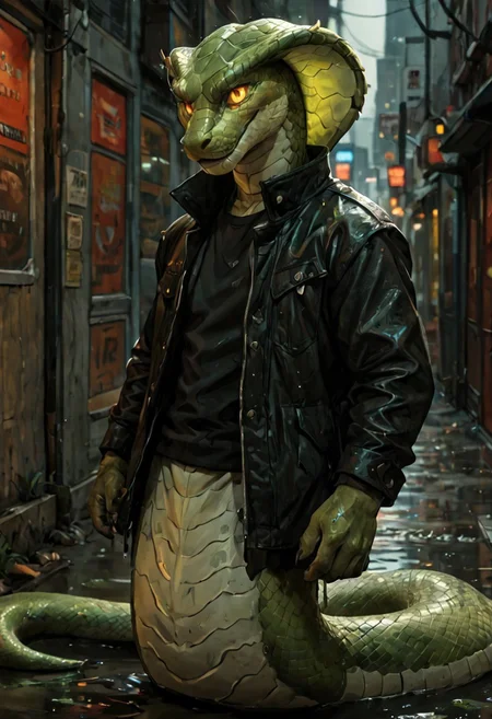 score_9, score_8_up, score_7_up, best quality, fine detail, stylized comic book drawing, 1boy, solo, wearing a large leather jacket with spikes and studs, (he is a green snake), glowing eyes, katanas on his back, (anthropomorphic_snakes_(naga)), in a wet Asian cyberpunk city, visually interesting, vivid colors, dark shadows, highest quality, <lora:OtherStyle_08-Merge5_06_04_02_02:1>