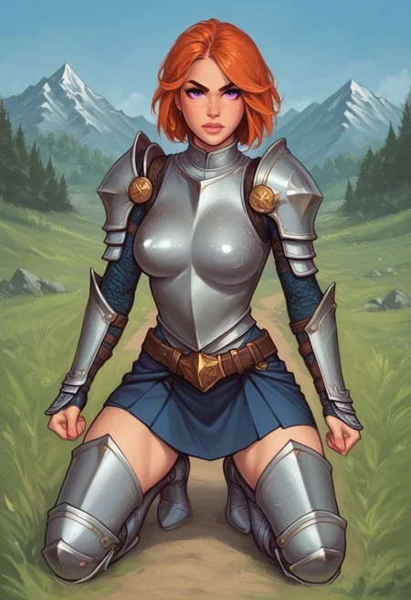 portrait, (adult woman), (1girl, company of heroes), (looking at viewer), ((knight, armor, skirt)), freckles, (orange hair, medium hair), (purple eyes), (best quality, high detail), ((masterpiece)), ((ready to fight, holdind big gladius in hands)), <lora:1_ino_20e:1>
BREAK
((field, mountains)) score_9, score_8_up, score_7_up, score_6_up, source_cartoon, rating_explicit, Expressiveh, (((((full body))))), dynamic pose