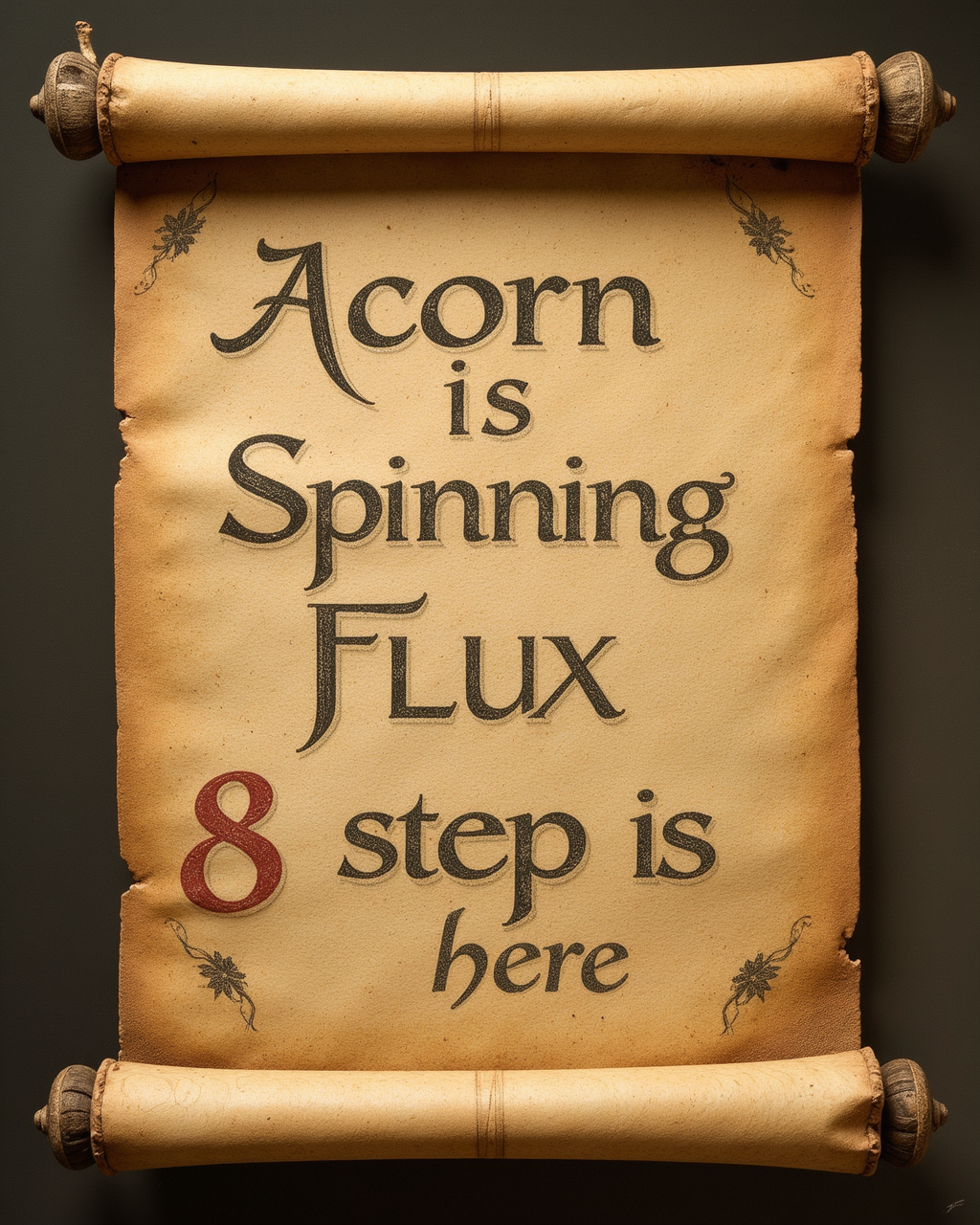 âan ancient scroll with the words 'Acorn Is Spinning Flux 8 Step Is Here' written in elaborate calligraphyâ
