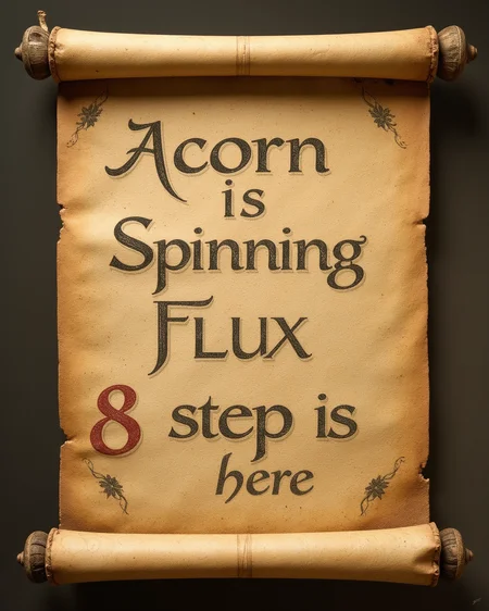âan ancient scroll with the words 'Acorn Is Spinning Flux 8 Step Is Here' written in elaborate calligraphyâ