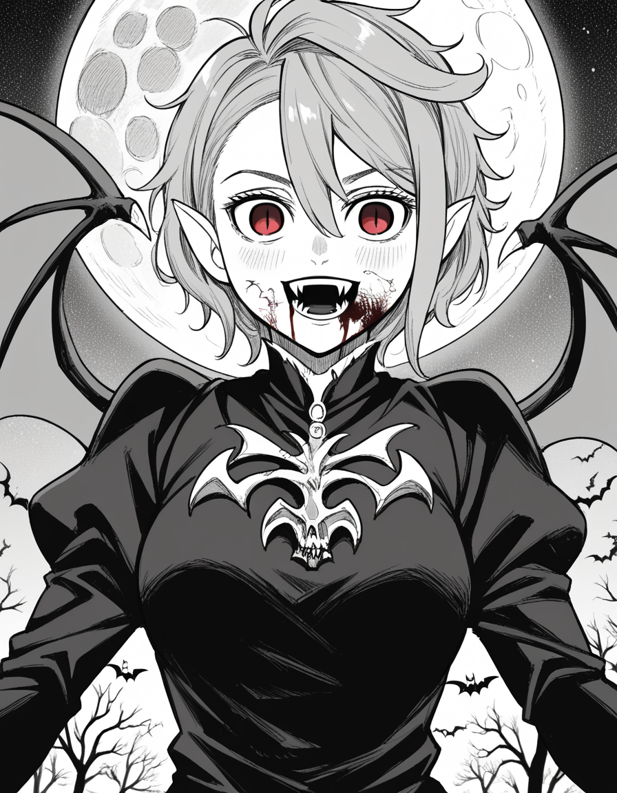 score_9, score_8_up, score_7_up, source_anime, <lora:aira-shiratori-manga-ponyxl-lora-nochekaiser:1>, aira shiratori, monochrome, greyscale, short hair, sidelocks, bangs, hair between eyes, medium breasts,, <lora:vampire-ponyxl-lora-nochekaiser:1>, vampire, red eyes, pointy ears, fangs, black dress, wings, blood, blood on face, blood on mouth, bat (animal), halloween, halloween costume, upper teeth only, night, moon, blush, smile, open mouth, , dutch angle, cowboy shot