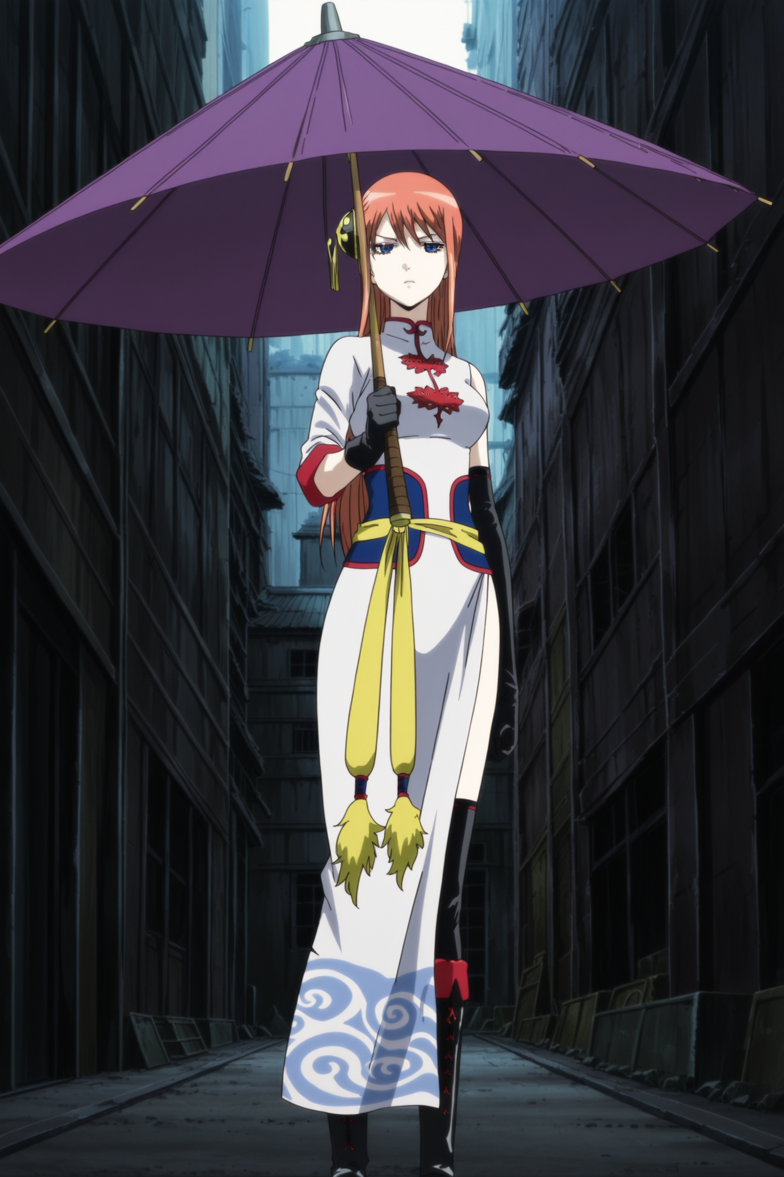 anime screencap, anime coloring, detailed face, masterpiece, best quality, very aesthetic, absurdres, volumetric lighting,
 <lora:Kagura_Gintama_The_Movie_The_Final_Chapter_Be_Forever_Yorozuya:1>
outside, in a town,
Kagura (character), mature woman, kagura (gintama), 1girl, solo, holding purple umbrella, gloves, Chinese clothes, boots, long hair, orange hair, blue eyes, thighhighs, dress, elbow gloves, looking at the viewer, serious face