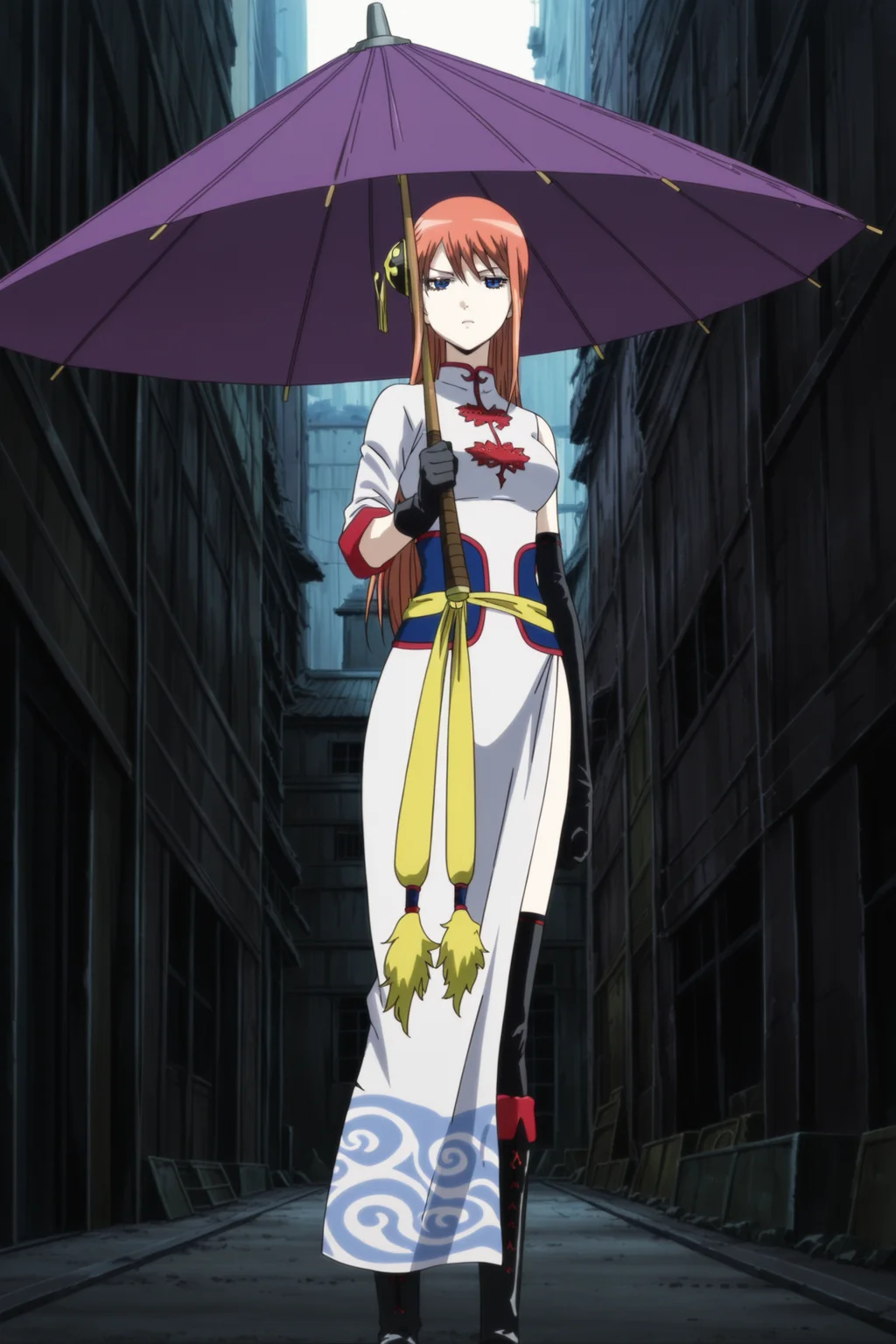 anime screencap, anime coloring, detailed face, masterpiece, best quality, very aesthetic, absurdres, volumetric lighting,
 <lora:Kagura_Gintama_The_Movie_The_Final_Chapter_Be_Forever_Yorozuya:1>
outside, in a town,
Kagura (character), mature woman, kagura (gintama), 1girl, solo, holding purple umbrella, gloves, Chinese clothes, boots, long hair, orange hair, blue eyes, thighhighs, dress, elbow gloves, looking at the viewer, serious face