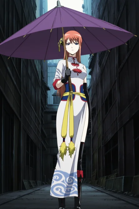 anime screencap, anime coloring, detailed face, masterpiece, best quality, very aesthetic, absurdres, volumetric lighting,
 <lora:Kagura_Gintama_The_Movie_The_Final_Chapter_Be_Forever_Yorozuya:1>
outside, in a town,
Kagura (character), mature woman, kagura (gintama), 1girl, solo, holding purple umbrella, gloves, Chinese clothes, boots, long hair, orange hair, blue eyes, thighhighs, dress, elbow gloves, looking at the viewer, serious face