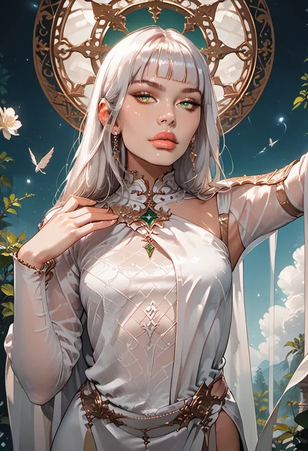 masterpiece,best quality, highly detailed, score_9, score_8_up, score_7_up, score_6_up, score_5_up, score_4_up, Expressiveh, selune, selune \(baldurs gate goddess\), goddes selune \(baldurs gate goddess\), white hair, green eyes, white dress, lips, 30yo, adult lustful confident woman, petite, slender body, perky saggy natural breasts, full lips, bangs, sidelocks, straps,
chinese magical sorceress, animated, swirling magic, wisps of magic, dancing pose, tight squeezed outfit, magical accessories, evoking motion, conveying motion, dynamic splash art