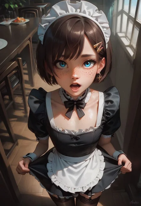 score_9, score_8_up, score_7_up, source_cartoon, cute thin 18yo slutty femboy twink, <lora:princess_xl_v2:0.7> <lora:officialpit_style_v11:1>, dramatic lighting, (indoors, fancy restaurant:1.3), (brunette, detailed blue_eyes, petite, athletic body, hair_clip, earrings, wedge short hair, wide hips, freckles on face, tiny bulge , perfect ass, loved face:1.5), low light, (maid outfit, maid cap, black lace choker, black lace stockings, black mini skirt, tight black thongs:1.5), (alone, mouth open, focus on face, front view, high angle, looking at viewer, standing:1.3), Detailed,