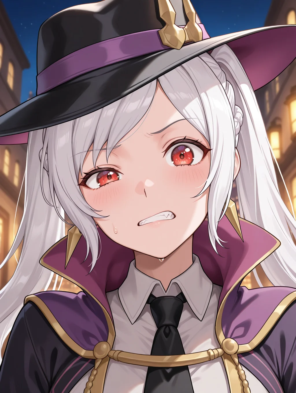 masterpiece, best quality, amazing quality, 1girl, RobFellTact, red eyes, white hair, twintails, official alternate costume, robin \(female\) \(fire emblem\), gold trim, grima \(fire emblem\), black hat, white shirt, black jacket, black necktie, mafia, looking at viewer, raised eyebrow, teeth, jewelry, Night, streets, absurdres, volumetric lighting, high res, very aesthetic, dramatic lighting, anime coloring,
