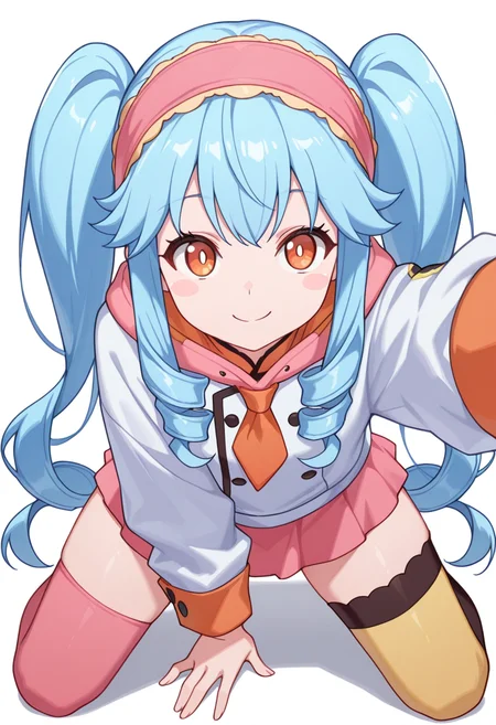 masterpiece,high quality details, absurdres,
kneeling pose, one hand on the ground, other hand reaching forward, focused gaze, tense muscles, ,
<lora:Michiru_Kusagakure:0.8>
michiru_cnr, 1girl, blue hair, long hair, twintails, drill hair, sidelocks, orange eyes, blush stickers,hairband,, ^q^,, simple background, white background, front view,solo,, hoodie ,chef coat ,skirt,,mismatched legwear thighhighs,