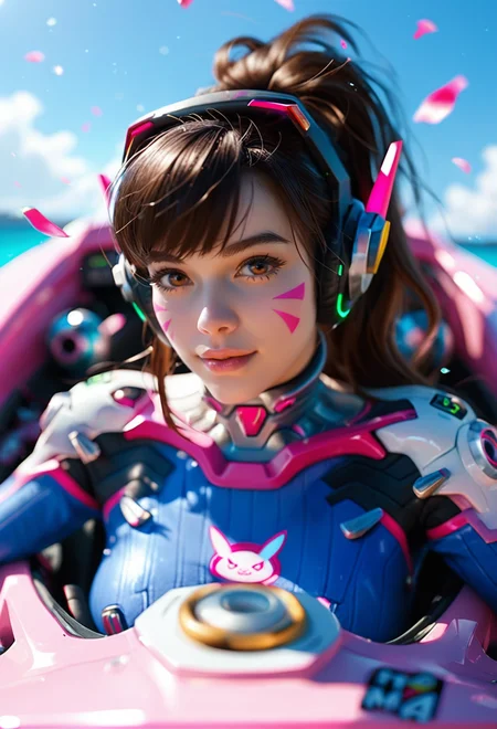 score_9, score_8_up, score_7_up, D.Va from "Overwatch" streams her latest match from her mech cockpit, her bubbly enthusiasm and charismatic winks to her fans contrasting with her fierce gaming skills. Her adorable demeanor and competitive spirit blend seamlessly, making her a fan favorite.