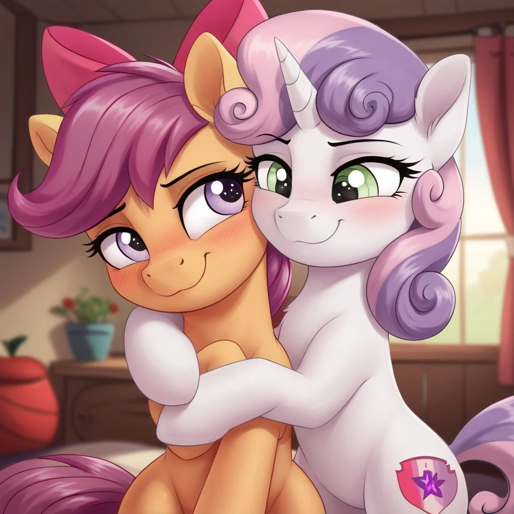 score_9, score_8_up, score_7_up, score_6_up, score_5_up, score_4_up, pony, g4, pony, scootaloo, apple bloom, sweetie belle, hug, snuggling, happy, smile, blushing, cute, glare, high res,