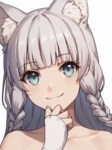 score_9, score_8_up, score_7_up, score_6_up, source_anime, masterpiece, best quality, BREAK, 1girl, white background:1.2, simple background, <lora:Shigure_PDXLv1:0.8> shigure \(kemono michi\), wolf girl, light blue dress, bare shoulders, white thighhighs, white fingerless elbow glove, looking at viewer, smile, upper body,