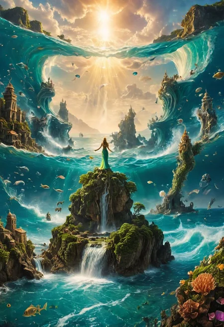 perfect photograph, vast expansive very wide angled photograph, ((in the distance the ocean and seacreatures, mermaids, (the entire water realm), are seen being created by water pouring out of the beard and mouth of Lir (the sea deity)),
realisticvision-negative-embedding, epiCRealism