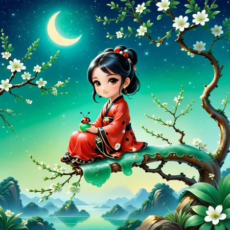 Sinoink, score_9, score_8_up, score_7_up, score_6_up, 1girl, chibi, anthro ladybug, sitting on flowery tree branch , made out ofjade, , fresh, refreshing iridiscent, night sky, magical orchard , bokeh,