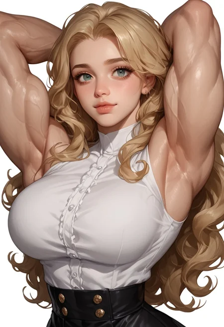 masterpiece, best quality, highly detailed, score_9, score_8_up, score_7_up, score_6_up, score_5_up, score_4_up, Expressiveh, 1girl, solo, beautiful, sexy, very cute woman, long wavy hair, round face, jigh cheek bones, very muscular, large muscular biceps, flexing right bicep, right arm raised, ((small waist)), simple white background, extreme close up, cropped image, arm focus