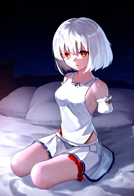brunette girl amputee with white hair, red eyes in anime style, both arms amputated, amputed rigth and left hand, amputed left arm, amputed rigth arm,amputed left leg, armlees amputee,having a rigth lwg, wearing white nigth skirt, seated on a bed.