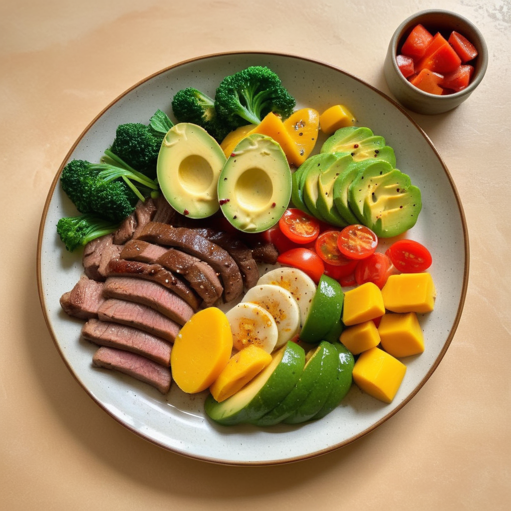 avocado,Generate a realistic photo of a neatly arranged, healthy fitness meal, consisting of a generous portion of meat, slices of mango, and a variety of vegetables. The ingredients should be displayed in an organized manner on the plate, emphasizing the harmony of colors and textures. The meat should be succulent and well-seasoned, but without any black pepper. Vegetables should add a fresh and vibrant green to the composition, creating a visually appealing contrast with the yellow of the mango and the rich color of the meat. The presentation is key, with each component of the meal having its distinct place on the plate, showcasing a balance of nutrition and aesthetics, <lora:fitfood:0.8>,fitfood
