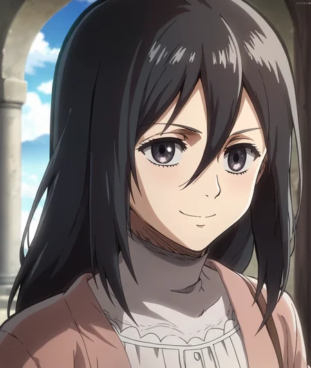 score_9, score_8_up, score_7_up, score_6_up, score_5_up, score_4_up, BREAK source_anime,
<lora:Mikasa Ackerman(child)_PONY:1>,mikasa ackerman\(child\), 1girl, solo, black hair, black eyes, long hair, hair between eyes,pink jacket,white dress,Upper body,smile,Closed mouth