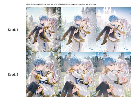 <lora:illustriousXLv01_stabilizer_v1.185c:0.8>1boy,1girl,couple,frieren,green eyes,white jacket,himmel_(sousou_no_frieren),princess carry,face to face,cowbow shot,upper body,pantyhose,falling petals,outdoors,castle in background,gomzi,masterpiece,
