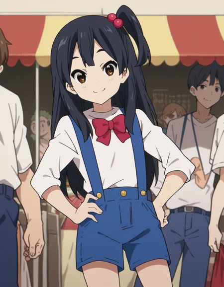 score_9, score_8_up, score_7_up, source_anime, <lora:anko-kitashirakawa-s1-ponyxl-lora-nochekaiser:1>, anko kitashirakawa, long hair, black hair, hair ornament, brown eyes, one side up, hair bobbles,, suspenders, shirt, white shirt, bowtie, red bowtie, buttons, shorts, blue shorts,, market, stalls, people, food, trade, smile, smug, hand on own hip,, looking at viewer, solo,, dutch angle, cowboy shot