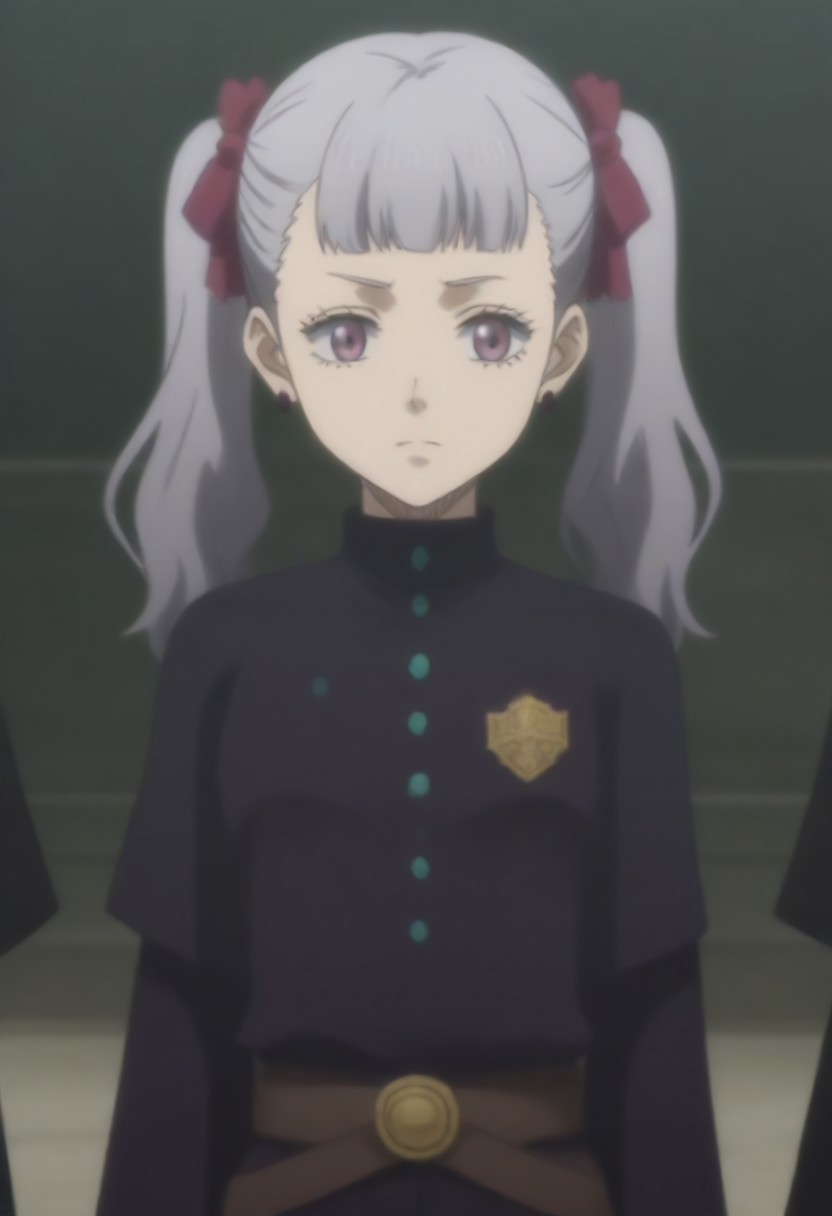 source_anime, anime screencap, source_anime, auratheguillotine, anime screencap, masterpiece, source_anime, shiny skin,,,,,,<lora:noellesilva-pdxl-nvwls-v1-000005:1> noelle silva, grey hair, purple eyes, twintails, hair ribbon, black capelet, green strap, white and purple dress, long sleeves, belt,