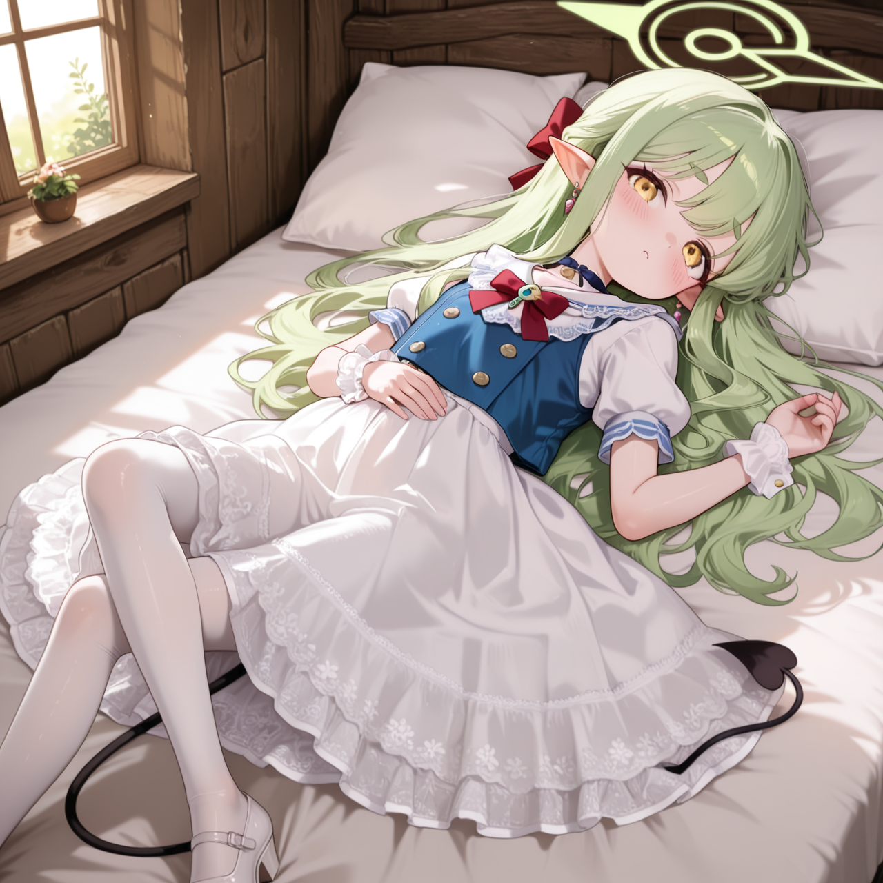 Positive: Masterpiece, best quality, amazing quality, very aesthetic, high resolution, ultra-detailed, absurdres,
1girl, solo, 
hikari-default,hikari_\(blue archive\),yellow eyes,green hair,long hair,earring,pointy ears,halo,tail,
blue top white skirt red accented lace bow dress,
blue vest,white dress,red bow,puffy short sleeves,frilled dress,lace trim,apron,wrist cuffs,choker,lace,frills,
hair bow,
white pumps with bow,white_pantyhose, 
full_body,lying,crossed_legs, 
Woodland cabin, antique bed, scattered apples, natural lighting, earthy palette, misty atmosphere, floral textures, cozy interior, rustic charm, soft diffusion