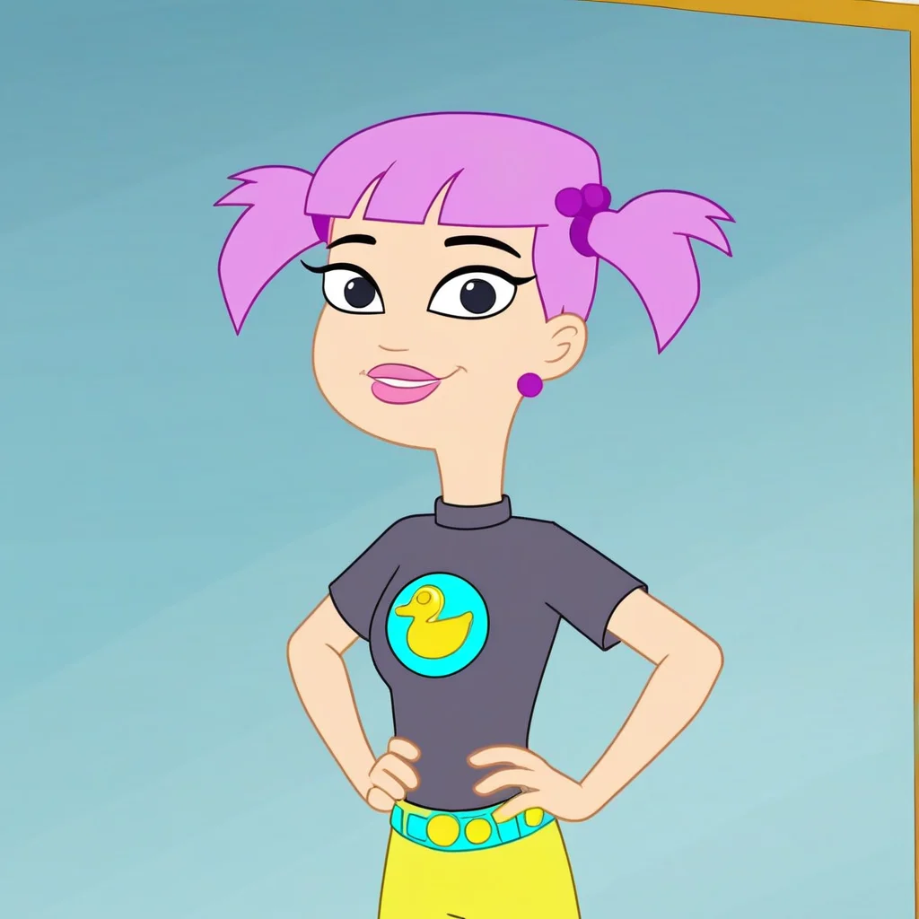 score_9, masterpiece, 1girl, Solo, female focus, Hiromi_HYG, light skin, black eyes, bright lilac hair, hairstyle with two pigtails, pink lips, small round purple earrings, gray T-shirt with yellow duck logo, bright yellow pants, cyan belt, brunswick green color boots with heels, big eyes, tall stature, standing, cowboy shot, room background, looking at viewer, perfect eyes, full body, smile, detailed eyes, hands on hips