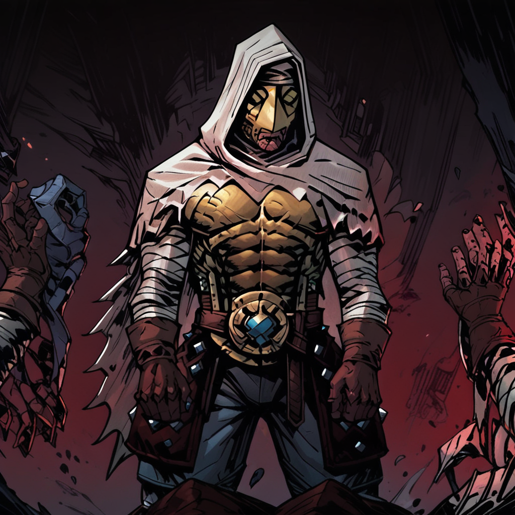 score_9, score_8_up, score_7_up, masterpiece, best quality, newest, absurdres, highres, 1boy, DDLEP-V1.0, armor, mask, metal mask, golden mask, gloves, brown gloves, bandages, hood, hood up, abs