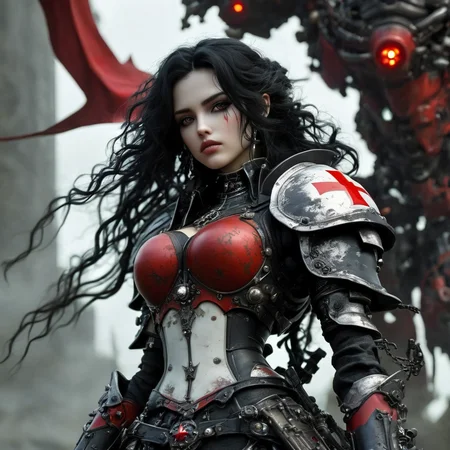 armavena darkness inquisitor girl, with a red cross, with long black curly hair, very detailed, cinematic, darkness <lora:armavena:1>